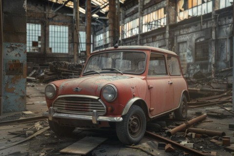 An old, weathered and dusty British vintage car, wreck, of the Mini Cooper type from the 1960s