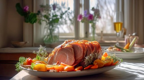 Succulent honey ham with vegetables meal, generative AI, AI generated