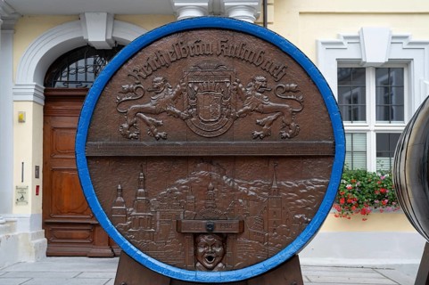 Beer keg of the brewery Reichelbrau Kulmbach in front of the town hall during the Kulmbach Beer