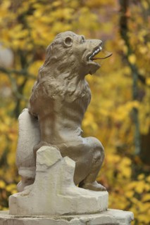 Market fountain with lion figure and autumn atmosphere, Oberer Markt, Biedenkopf, Hesse, Germany,