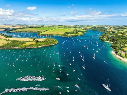 Salcombe and Mill Bay over Kingsbridge Estuary from a drone, Batson Creek, Southpool Creek, Devon,