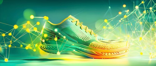 Sporting equipment, like a running shoe, breaking into pixels and data points, morphing into a