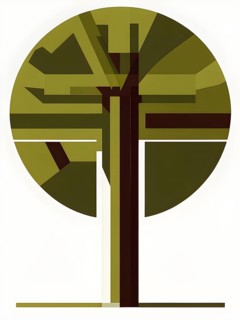 Abstract geometric tree with a circular canopy and a rectangular trunk, arranged in a clean,