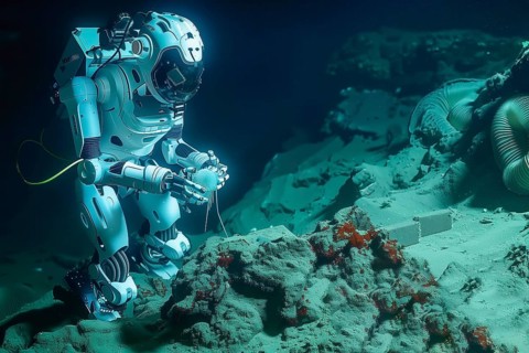 Robot collecting samples in abyssal plains, AI generated