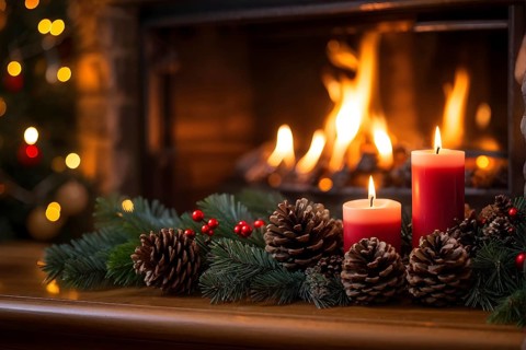 A cozy fireplace mantle decorated with pine cones, garlands, and lit candles, with a close-up focus