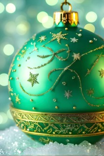 Close up of a frosted green Christmas ornament, detailed with tiny ice crystals, delicate carvings,