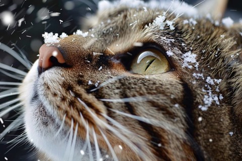 Close up of cat's face covered in snowflakes. Generative Ai, AI generated