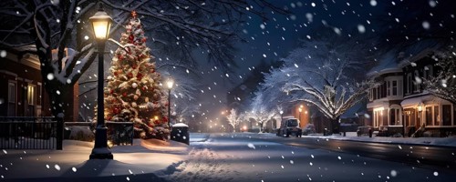Christmas Eve with snowflakes fall under the light of a streetlamp with a decorated tree in the