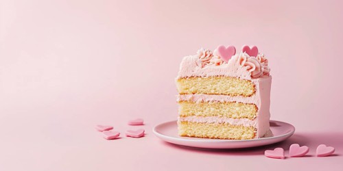 Slice of layered cake with hearts on pink background with copy space. Generative Ai, AI generated