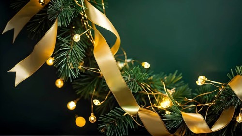 Christmas garland with golden ribbons intertwined with pine needles and tiny twinkling lights,