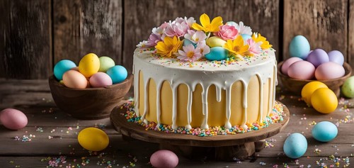 Decorated Easter cake with intricate icing flowers and colorful sprinkles, placed on a rustic