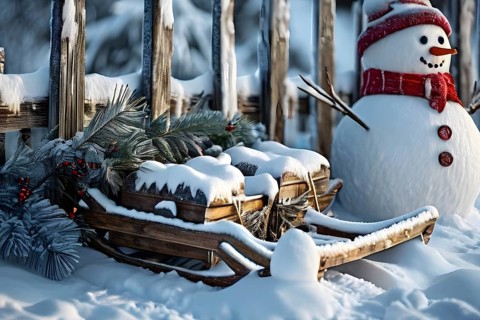 Rustic wooden sleds with frost covered branches and a snowman in the background, AI generated