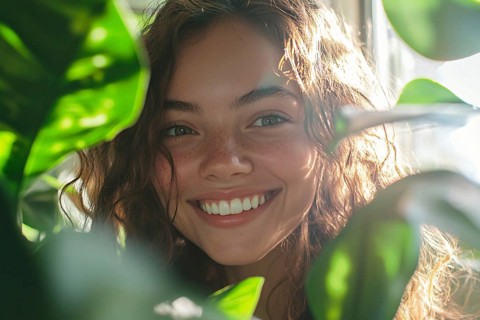 Portrait of happy young woman between leaves of tropical houseplants. Generative Ai, AI generated