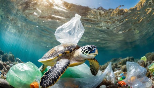 Symbolism, waste problem, plastic waste drifting in the sea and endangering animals, sea turtle,