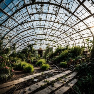 Inside an abandoned greenhouse where wild flora thrives among shattered glass and broken frames, AI