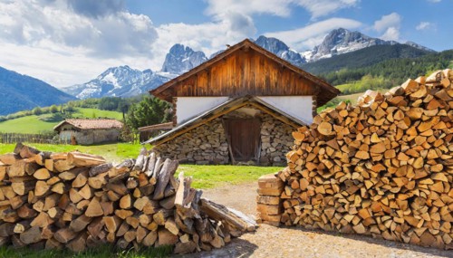 Forestry, timber industry, firewood stacked in front of a farmhouse, AI generated, AI generated