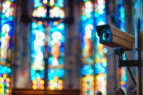 A surveillance camera, CCTV, in a church, protection against vandalism, AI generated, AI generated,