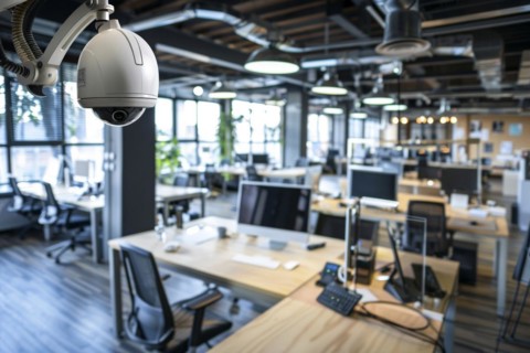A surveillance camera, CCTV, in an open-plan office, office building, AI generated, AI generated,