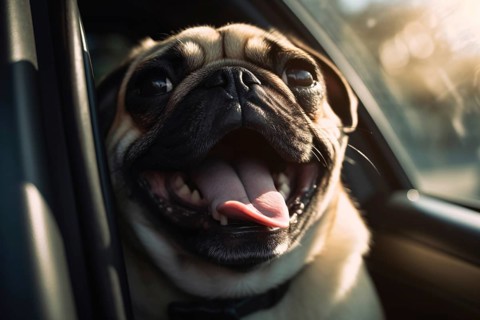 Panting overheated pug dog in car in summer. AI generated