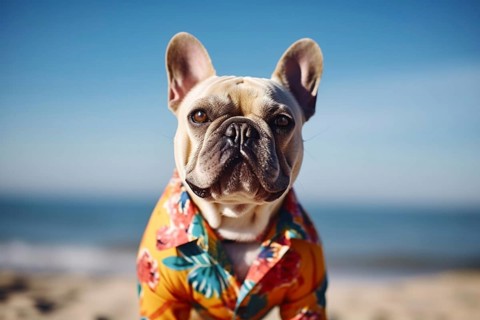 French Bulldog dog weraing summer hawaiian shirt at beach. KI generiert, generiert AI generated