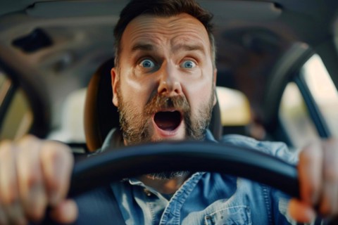 A man sits in a car and looks surprised, startled, symbolic image, distraction in road traffic, AI