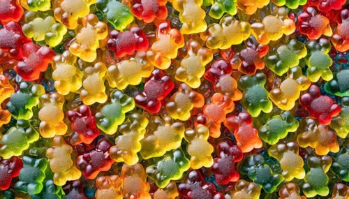 A colourful collection of shiny gummy bears in close-up, gummy bears, AI generated, AI generated