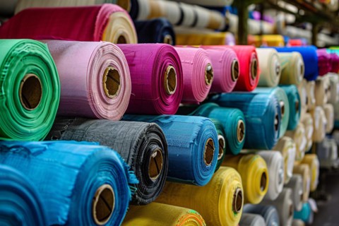 Many colorful rolls of fabric in textile factory. KI generiert, generiert, AI generated