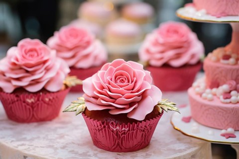 Wedding cupcakes with pink sugar rose topping. KI generiert, generiert AI generated