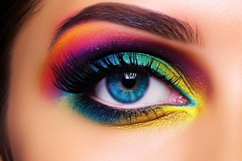 Close up of woman's blue eye with bold rainbow colored eyeshadow makeup and dark black fake lashes.