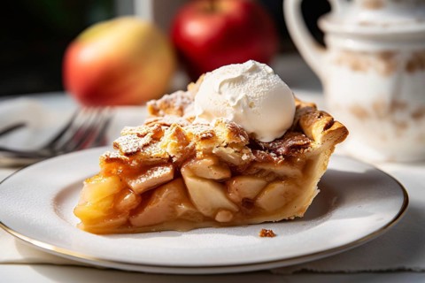 Slice of apple pie with ice cream on plate. KI generiert, generiert AI generated
