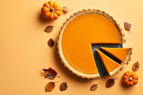 Top viee of pumpkin pie on orange background with autumn leaves. KI generiert, generiert AI