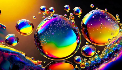 Colourful iridescent plastic bubbles and drops filled with oily liquids, 3D, digital art, AI