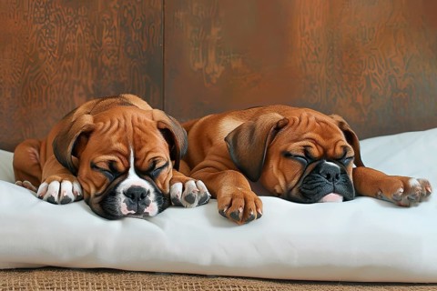 Two cute boxer pups sleeping on cushions, AI generated