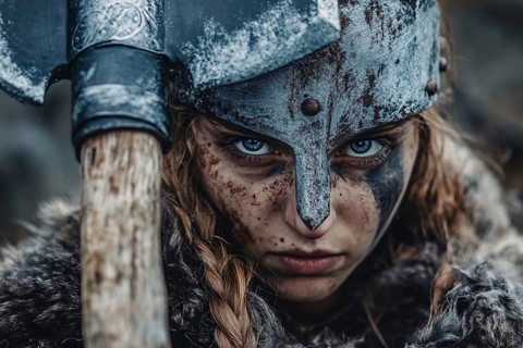 Female viking woman with ax and helmet. Fenerative Ai, AI generated