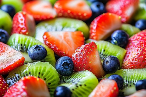 Close up of healthy fruits salad mix with strawberry, blueberry and kiwi. Generative AI, AI