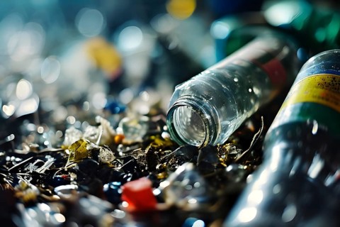 Plastic recycling process with shredded pet bottles and assorted plastic waste compressed, AI