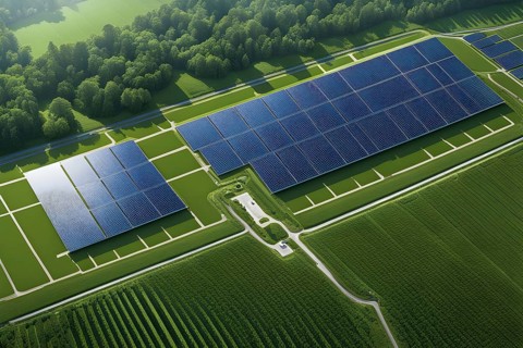 Complex layout of a photovoltaic power plant symmetrically arranged in rows of solar panels, AI