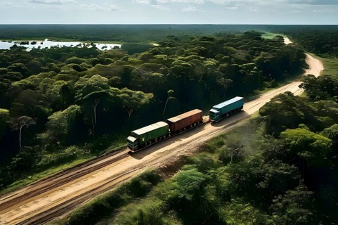 Trucks loaded with freshly cut timber wind through the narrow paths of the diminishing amazon