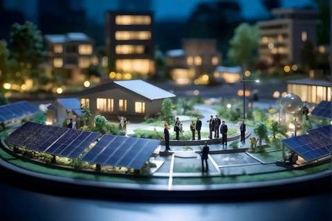 Scale model of a solar park on a polished conference table, AI generated