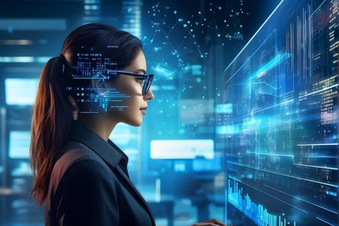 Caucasian female it specialist engaged in analyzing data for cyber security, AI generated