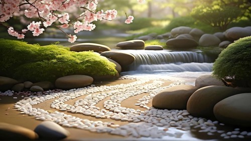 Zen garden bathed in the soft glow of dawn as a serene symbol for relaxation, AI generated
