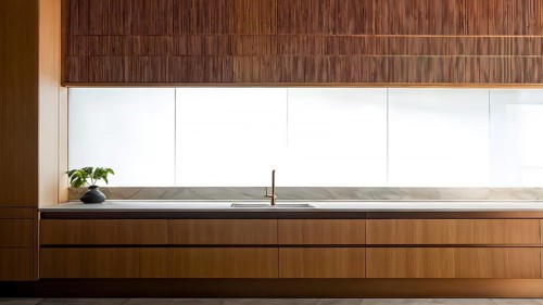 Wooden kitchen with top counter and other modern interior elements, AI generated