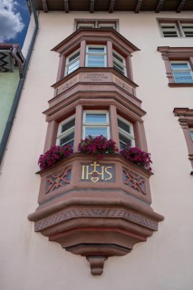 Historic, two-storey sandstone bay window, 16th century, main street 18, Rottweil,