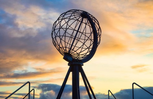 Steel globe at the North Cape in the evening light, Nordkapp, Finnmark, Norway, Europe