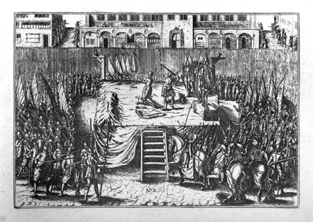 Counts Egmont and Horn beheaded on scaffold before the Town Hall on the Grand-Place at Brussels in