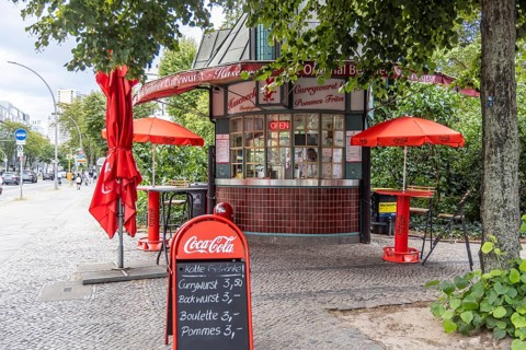 Currywurst and other sausages, traditional snack bar Hasenecke. Berlin, Germany, Europe