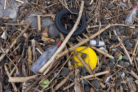 Symbolic image environmental pollution, plastic waste, rubbish, flotsam from a flood on the Neckar