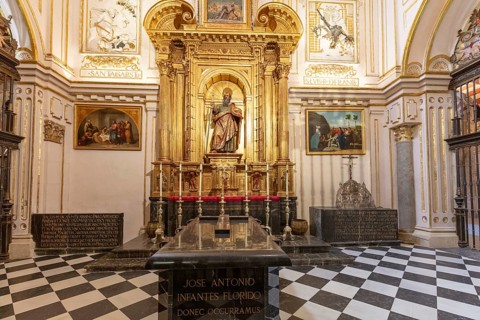 Magnificent shrine in a sacred room with marble floor and works of art, Cordoba