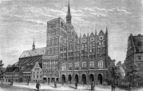 The market square of Stralsund, Germany, in 1885, historical, digital reproduction of an original
