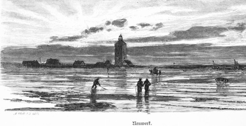 Neuwerk Island with lighthouse, Hamburg, North Sea, Elbe estuary, mudflats, low tide, horse-drawn